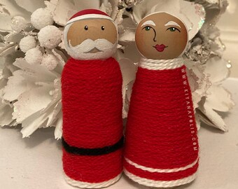 Hand Painted Wooden Peg Doll Set, Santa and Mrs. Clause, Christmas Decor