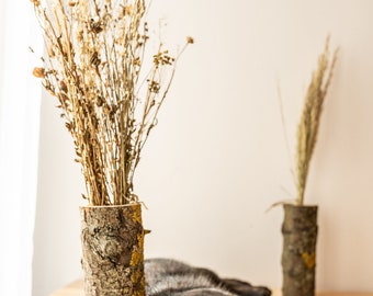 set of solid wood log lamp with bark, vase, candle holder