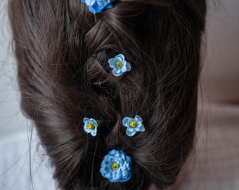 Petite épingle à cheveux rose bleue myosotis. mariage, cheveux de bal.