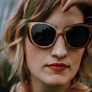 Two-Tone Wood Sunglasses, Cateye Retro Sunglasses, Beige Burlwood and Dark Oak