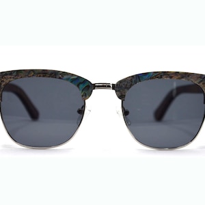 Seashell & Wood Clubmaster Sunglasses, Abalone Shell Semi Rimless Glasses, Blue Mirror Lenses, Polarized