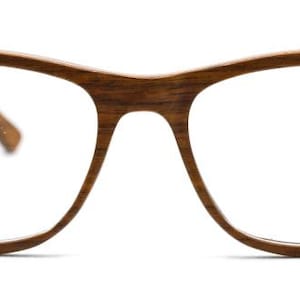 May include: A pair of eyeglasses featuring a brown frame with a visible wood grain texture. The glasses have a classic rectangular shape with rounded edges, a thin bridge, and two temples extending from the sides of the front frame.