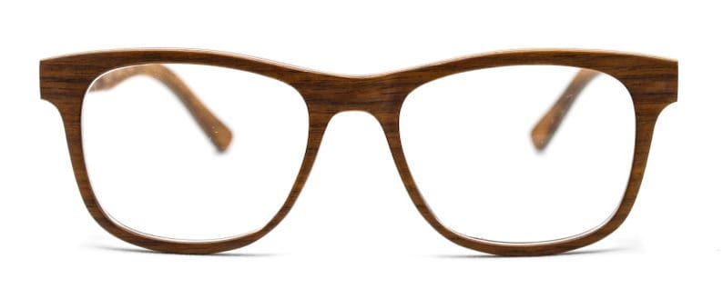 May include: A pair of eyeglasses featuring a brown frame with a visible wood grain texture. The glasses have a classic rectangular shape with rounded edges, a thin bridge, and two temples extending from the sides of the front frame.