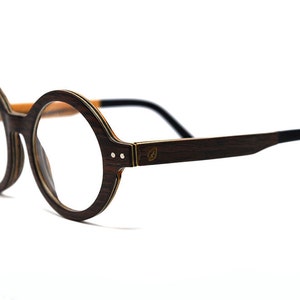 Vintage Round Wood Eyeglasses, Black-Brown Retro Unisex Optical Frames image 2