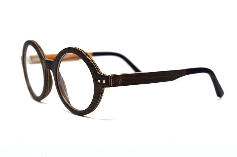 Vintage Round Wood Eyeglasses, Black-Brown Retro Unisex Optical Frames image 2