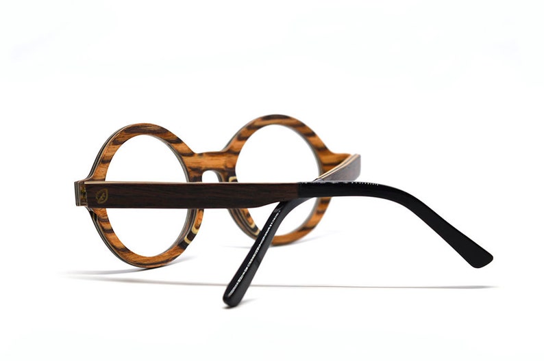 Vintage Round Wood Eyeglasses, Black-Brown Retro Unisex Optical Frames image 4