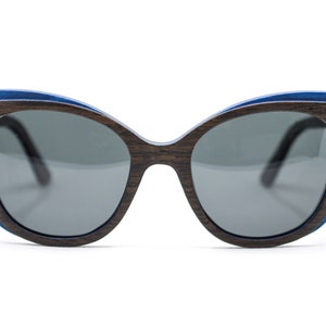 Two-Tone Wood Sunglasses, Cateye Wing Tip Sunglasses, Black Oak and Blue Wood Eyewear