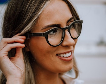 runde Eichenholzbrille | Sterling Notched Bridge, Unisex Rx Bereit Rahmen