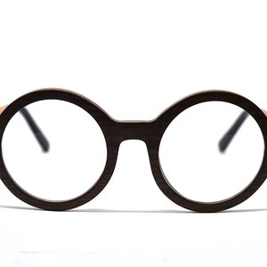 Vintage Round Wood Eyeglasses, Black-Brown Retro Unisex Optical Frames image 3