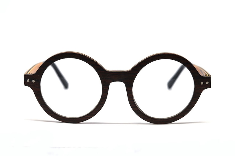 Vintage Round Wood Eyeglasses, Black-Brown Retro Unisex Optical Frames image 3