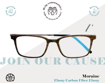 Black Square Glasses, Ebony Wood Rectangular Shape Eyeglass Frames, Prescription Ready Mens Womens Optical Frames, Recycled Steel