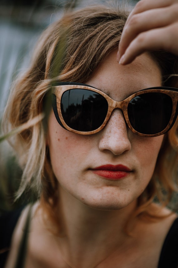 Two-tone Wood Sunglasses, Cateye Retro Sunglasses, Beige 