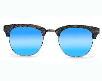 Seashell & Wood Clubmaster Sunglasses, Abalone Shell Semi Rimless Glasses, Blue Mirror Lenses, Polarized