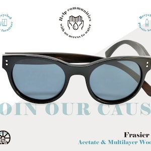 Womens Black Sunglasses, Cateye Acetate Frames, Retro Vintage Sunglasses with Wood Temples