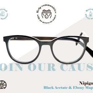 Recycled Acetate and Ebony/Maple Wood Glasses, Unisex Eyeglasses, Black Oval Optical Frames, Prescription Ready