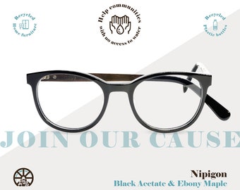 Recycled Acetate and Ebony/Maple Wood Glasses, Unisex Eyeglasses, Black Oval Optical Frames, Prescription Ready