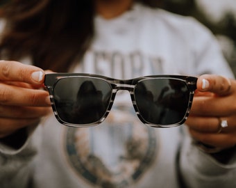 Striped Sunglasses, Square Shaped Sunglasses Unisex, Black and White Acetate Sunglasses with Real Wood Temples