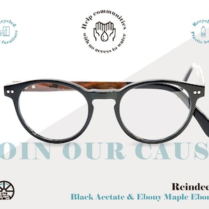Black Recycled Acetate and Ebony Wood Eyeglass Frames, Black Round Glasses, Notched Bridge Unisex Optical Frames
