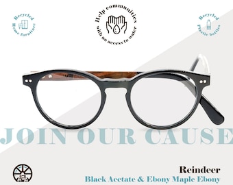 Black Recycled Acetate and Ebony Wood Eyeglass Frames, Black Round Glasses, Notched Bridge Unisex Optical Frames