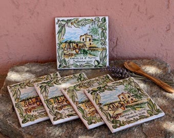 Custom Sign: Hand-Painted Italian Ceramic Tile - Decorative Tiles - Personalized Gift in Italian Majolica with Holiday Decoration in Puglia