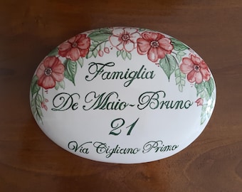 pottery tiles with address and name and red roses painted. Italian ceramics handmade to hang on wall with rustic mediterranean design