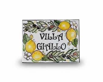 Custom pottery sign, italian ceramic plaque painted by hand whit lemons and olive, personalized italian gifts made with passion in Italy