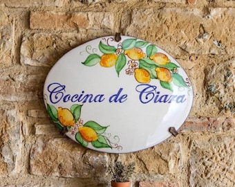 Custom sign for home, Italian ceramic tile painted with lemons and blue curls, inspired by the Amalfi coast. Inauguration & wedding gift.