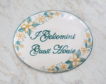 plaques and address signs, hotel farmhouse, guest house, bed and breakfast sign hand painted on italian ceramic tile. Decorative writing