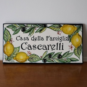 Azulejos de cerámica italiana con nombre para exteriores de casa, pintados a mano con limones y aceitunas, placas personalizables con número de casa y dirección