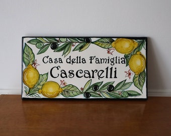 Ceramic tiles with name for home exteriors hand-painted with lemons, house number plates and customizable address.