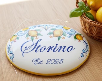 Address sign, personalized gifts. Custom lemon tile hand painted. Italian ceramic house number. Majolica signs for home, housewarming Gift.