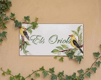 Italian ceramic tile with birds, custom name plate. Kitchen panel gift, hand painted labels country design, mediterranean house name sign.