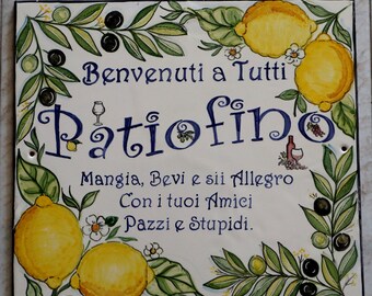 Italy Ceramic tiles with name for home exteriors hand-painted with lemons and olive branch, house number plates and customizable address.