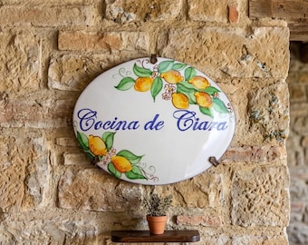 Custom sign for home, Italian ceramic tile painted with lemons and blue curls, inspired by the Amalfi coast. Inauguration & wedding gift.