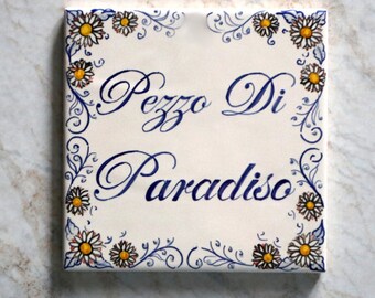 daisies tile, italian ceramic wall name plaque, personalized Italy sign, kitchen wall decor. floral plate with names blue and yellow