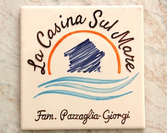 Italian ceramic square tile, name plate for seaside villa. Gift for beach house, hand painted tile with stylized design, modern house.