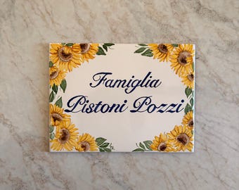 Hand-painted sunflower house address plaque with number and names on Italian ceramic tile, personalized gift for family