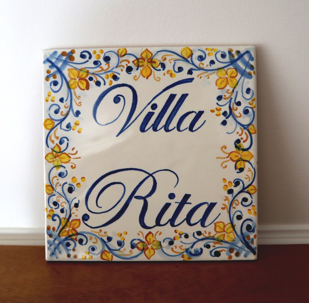 Italian Ceramic House Number Tile, Custom Sign With Numbers and Family Names, Blue Tiles