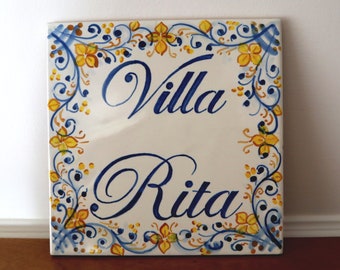 Italian ceramic house number tile, custom sign with numbers and family names, blue tiles, personalized gifts. Pottery Made in Italy