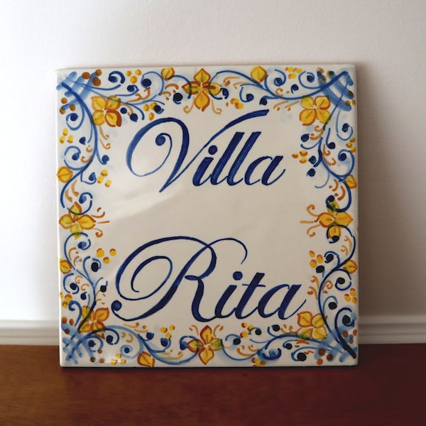 Italian ceramic house number tile, custom sign with numbers and family names, blue tiles, personalized gifts. Pottery Made in Italy