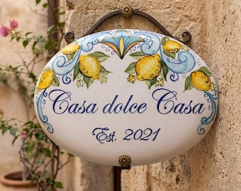 custom gift: Italian ceramic outdoor name sign with lemons; handpainted tiles made in Italy with family name and numbers, villa plaque gift.
