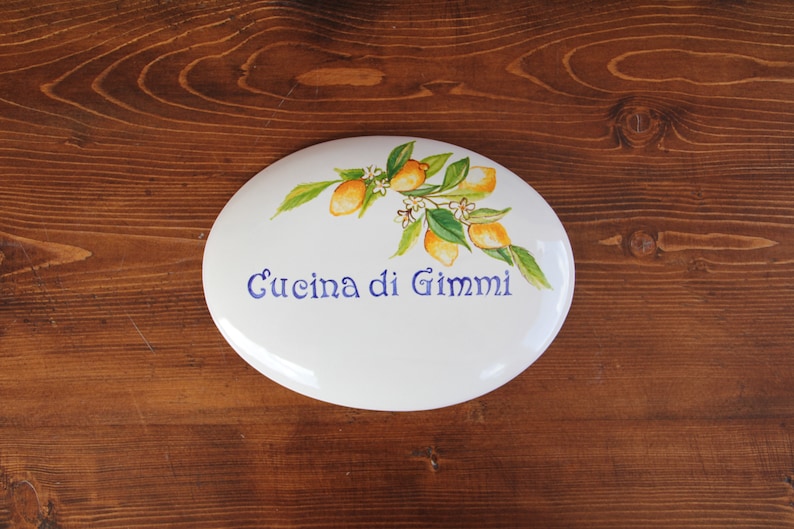 Tile with personalized names and lemons blue in Italian ceramic Amalfi coast style Small plaque to hang on the wall gift for home.