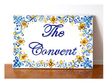 Italy ceramic custom tiles, pottery address sign, gift from Italy. Customizable home decor italian style, blue tile painted with name