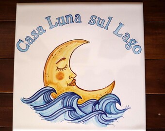 Italian custom address tile for villa, personalized ceramic sea name family tiles. Artisanal made in Italy House Number