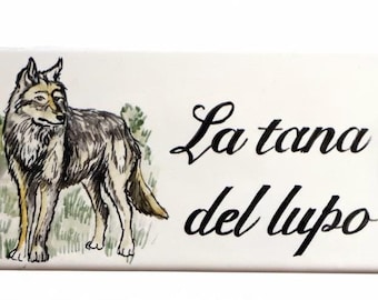 ceramic tile with animal design, wolf dormouse dog cat, decorated tiles, hotel name, bed and breakfast sign, holiday home