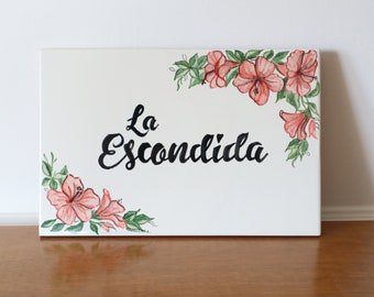 Custom outdoor number sign with tropical flower, ceramic house name tile. Family welcome plaque, adress tiles. personalized italian ceramic