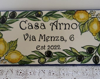 Italian pottery tiles with lemons and olive, custom gift, house address personalized tiles mediterranean style, Amalfi Tuscany ceramic