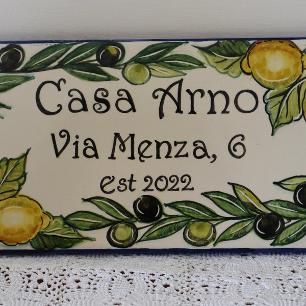 piastrella di ceramica italiana con limoni e olive, regalo personalizzato, piastrelle indirizzo di casa personalizzate stile mediteraneo