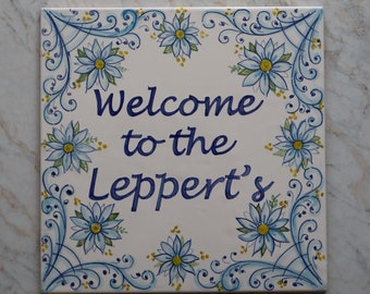 Custom pottery tile made in Italy. Italian blue tiles with name, personalized gifts. Outdoor home decor italiana art