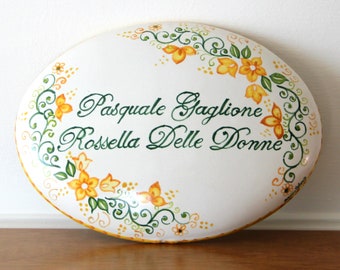Italian ceramic hand painted hanging plate with yellow orange green floral decoration. Elegant large oval majolica tile. Party gift idea